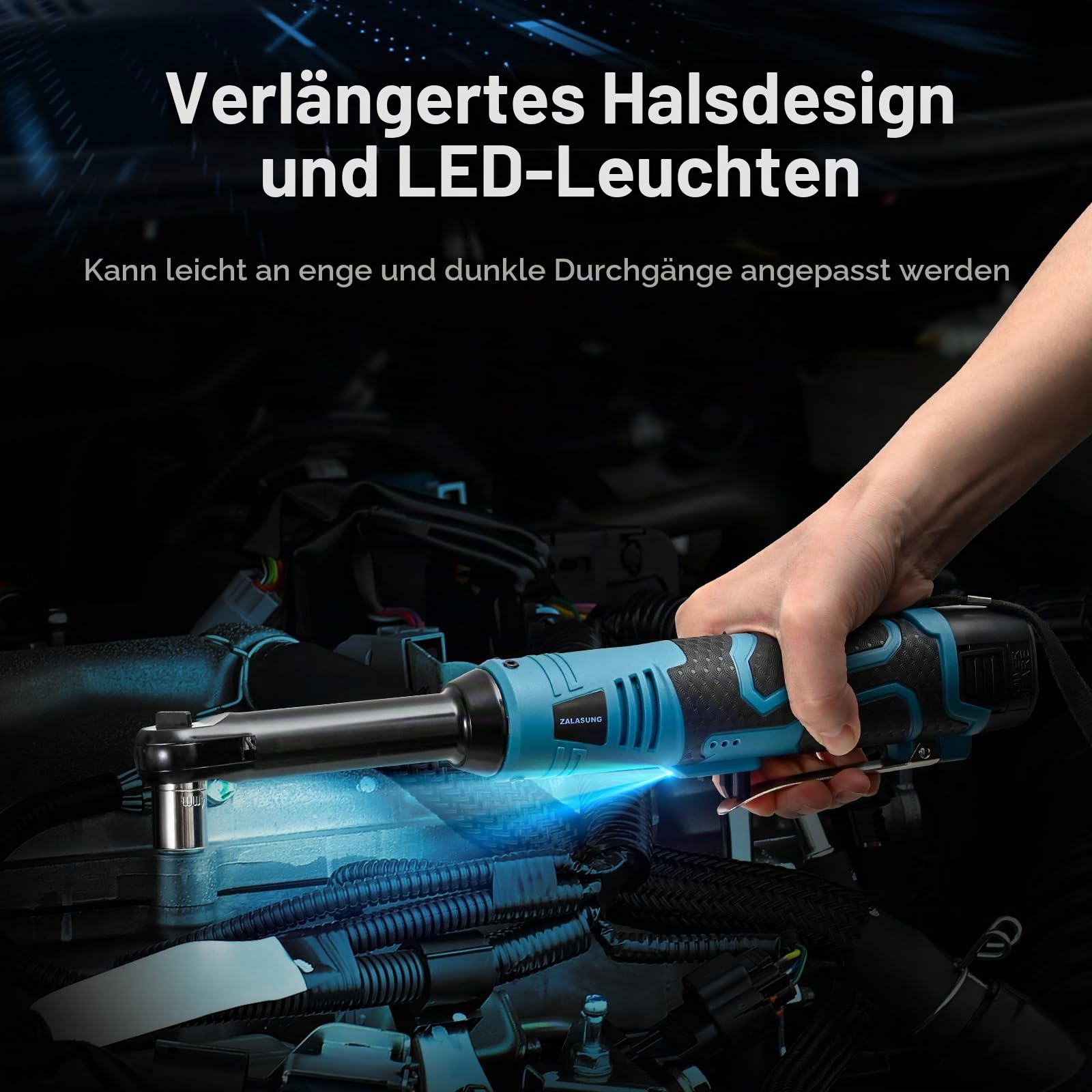 Elektrische Ratschenschlüssel Set, 18V 55 Nm 450 U/min 3/8" Antrieb | Akku Kabellose Ratsche mit Verlängertem Hals, 2x 2000 mAh Akkus, 10 Stecknüsse inkl., für Auto, Maschine & Reparatur