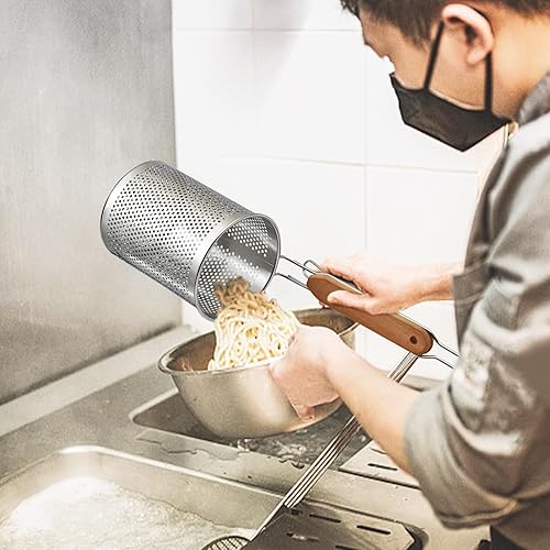 Miniatura 5 de Colador de pasta de acero inoxidable, 2 piezas microperforadas para albóndigas de alimentos, colador de fideos con mango de madera para colar,