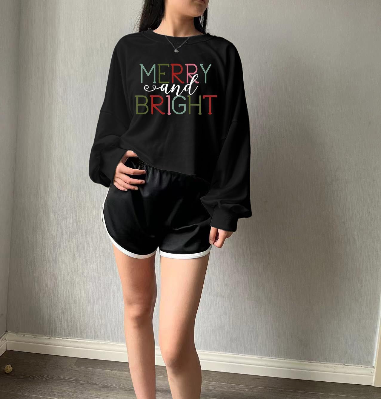 Women's Funny Christmas Graphic Crop Sweatshirts Xmas Holiday Party Casual Lantern Long Sleeve Pullover Tops - Image 2