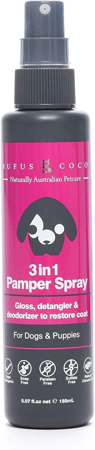 Rufus & Coco 3-in-1 Natural Pamper Spray | Detangle, Shine & Deodorize | Paraben Free with no Build up Mist| Hypoallergenic Fresh Fragrance