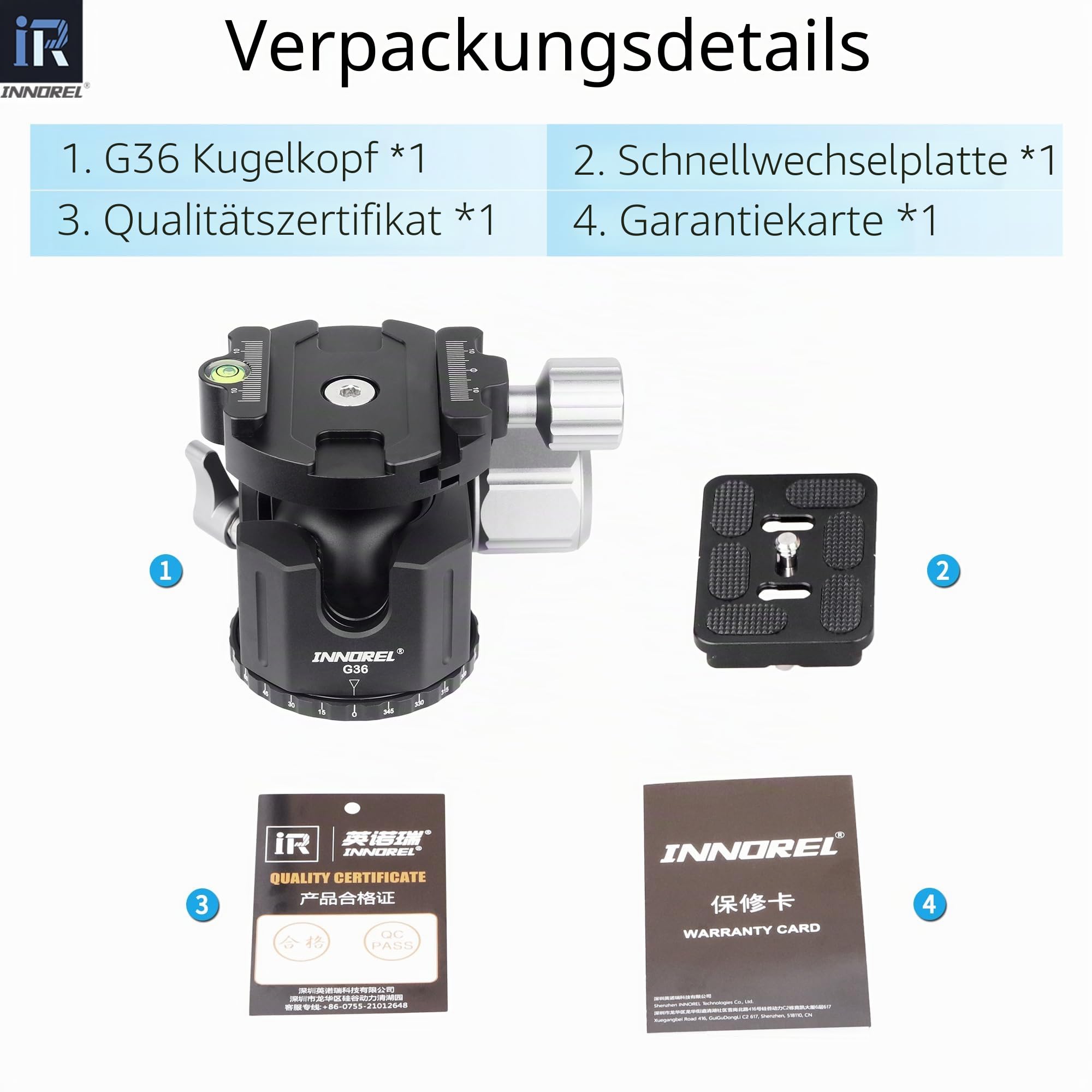 INNOREL G36 Low Profile Panorama-CNC-Metall-Kamerastativ-Kugelkopf mit 1/4" Arca Swiss Universal-Schnellwechselplatte für Stative, Einbeinstative, DSLR-Kameras, Camcorder, Max. Belastung 20 kg