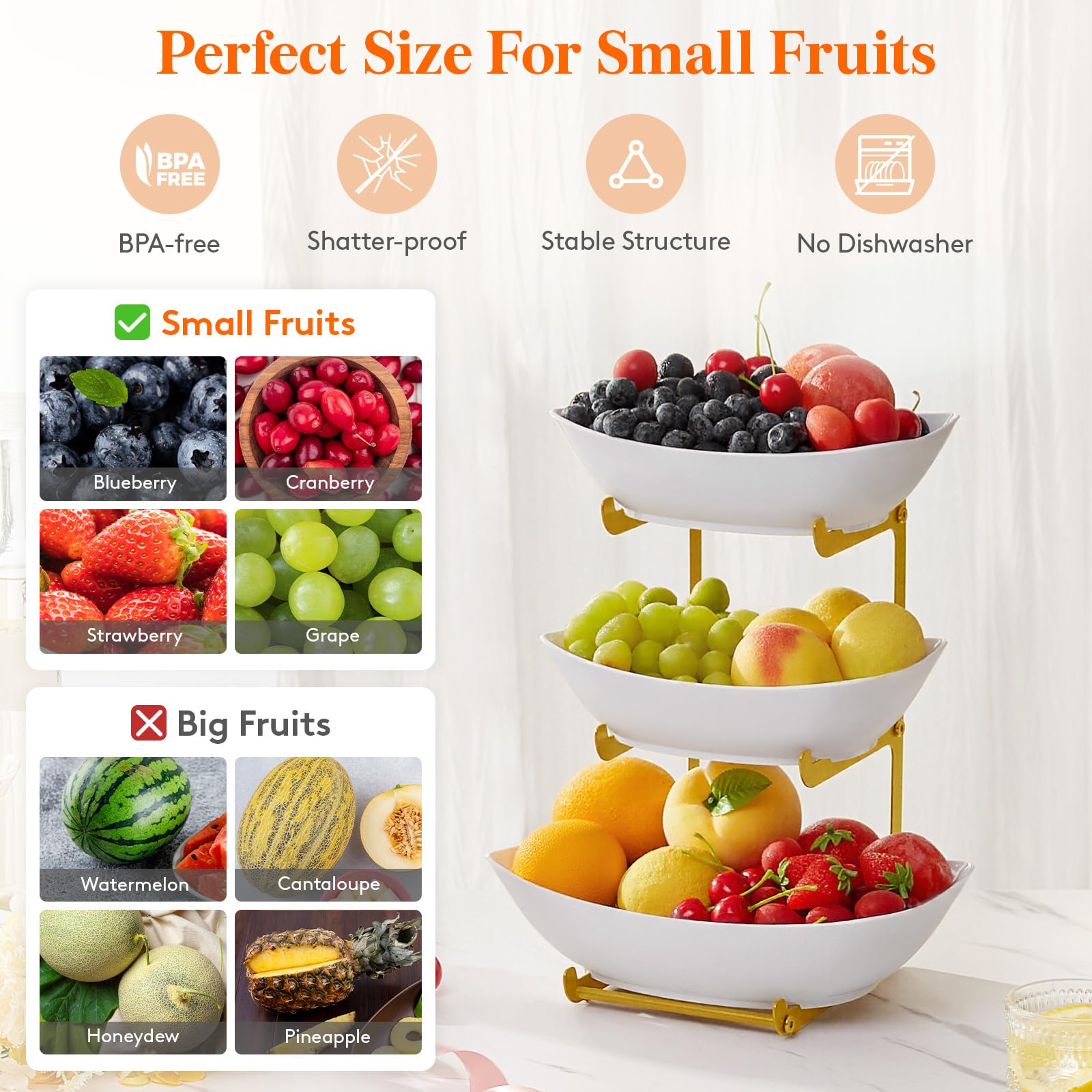 Lifewit Plastic Fruit Bowl Basket for Kitchen Countertop, 3 Tier Fruit Holder with Gold Metal Stand, Serving Tray for Food, Vegetable, Cake, Dessert in Party