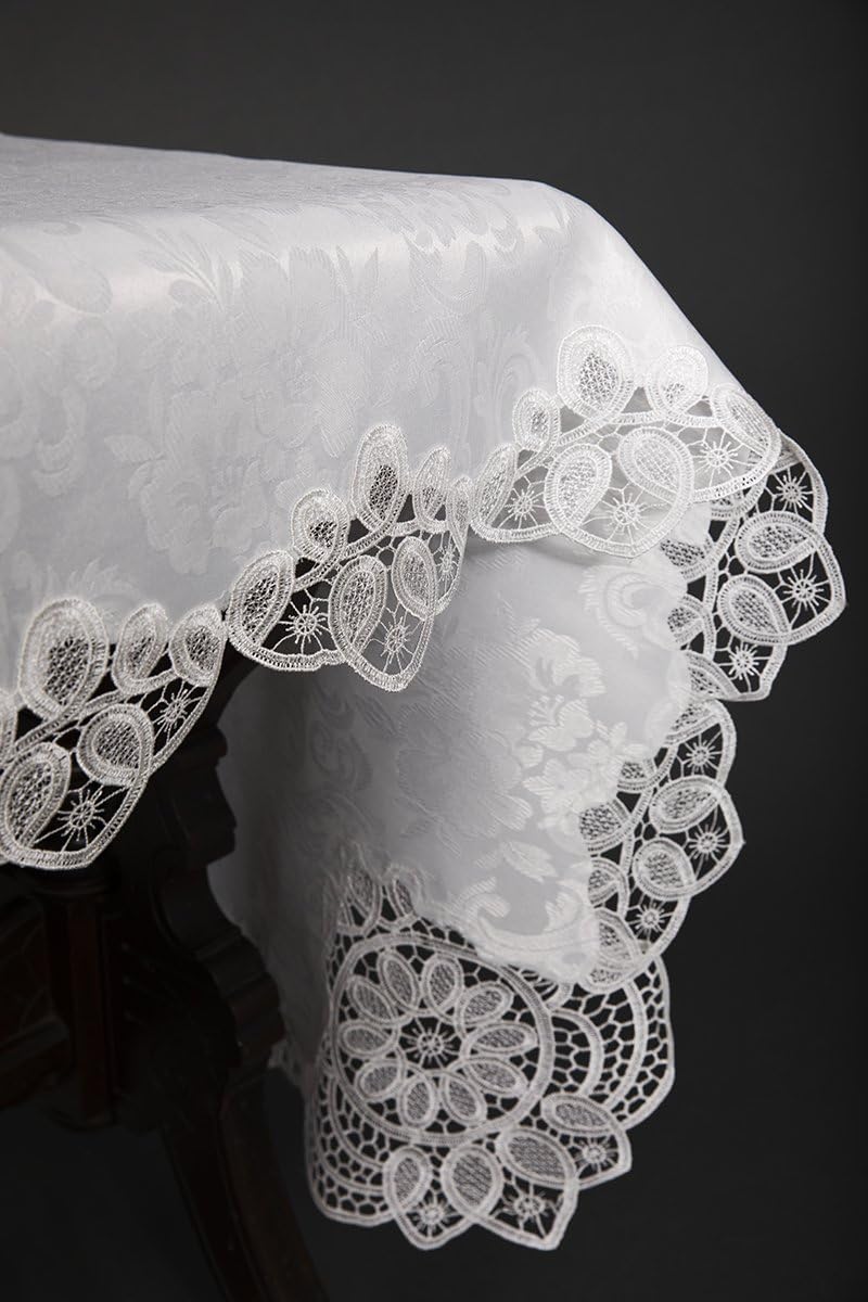 XD17190 Antebella Lace Embroidered Cutwork Tablecloth, 60 by 84-Inch, White
