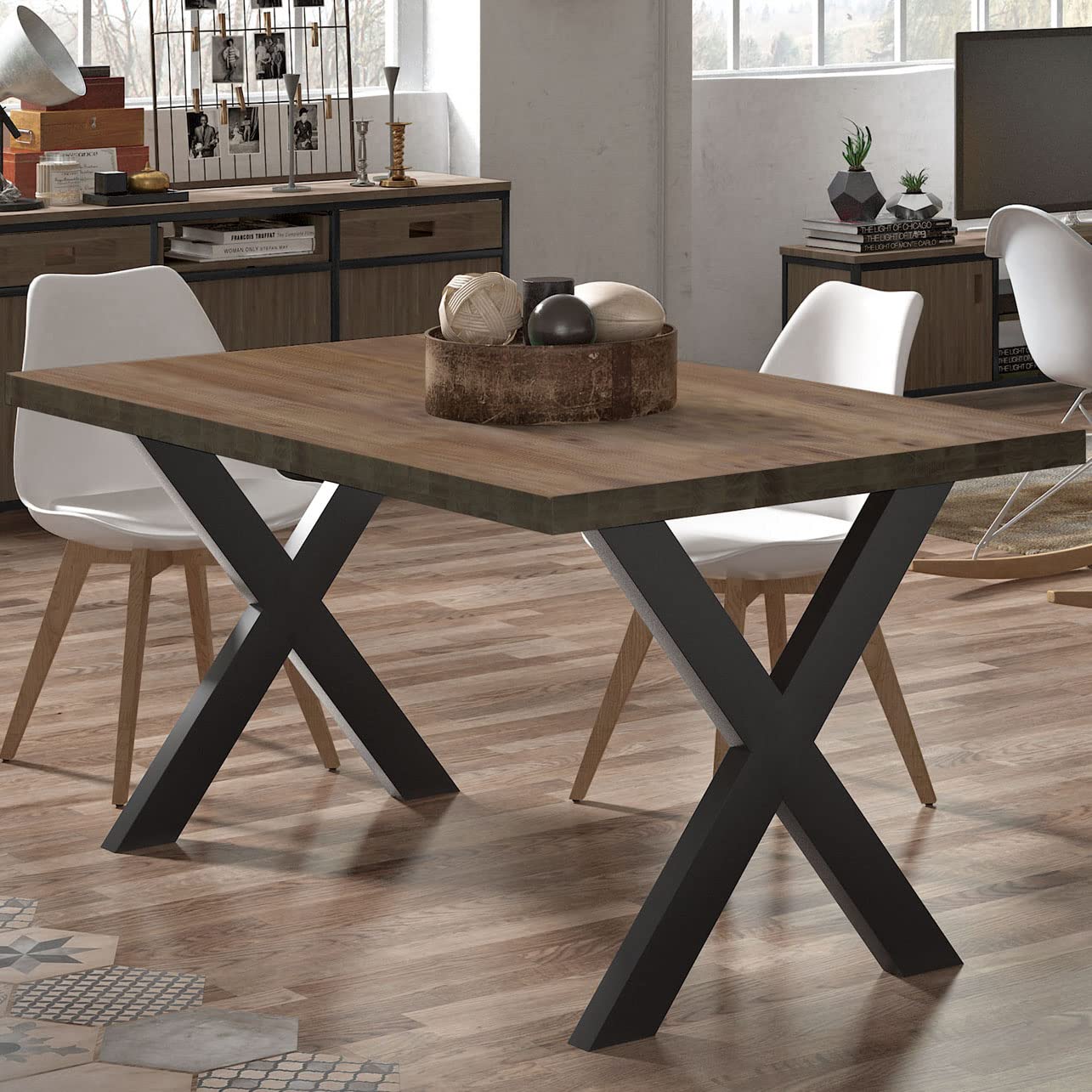 Adec Group X-Loft, Mesa de Comedor, Mesa de Salon, Acabado en Roble Boreal y Patas Metalicas Negro, Medidas: 140 cm (Largo) x 80 cm (Ancho) x 76 cm (Alto)