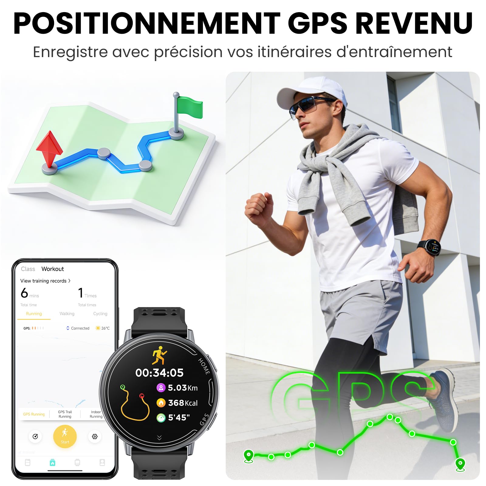 Montre Connectée 1.39 "pour, avec GPS/Bluetooth appels/Fréquence Cardiaque | Avoir la Fréquence Cardiaque/Surveillance du Sommeil, Compatible avec Android et IOS Smart Watch, avec le Mode 100 + Sport