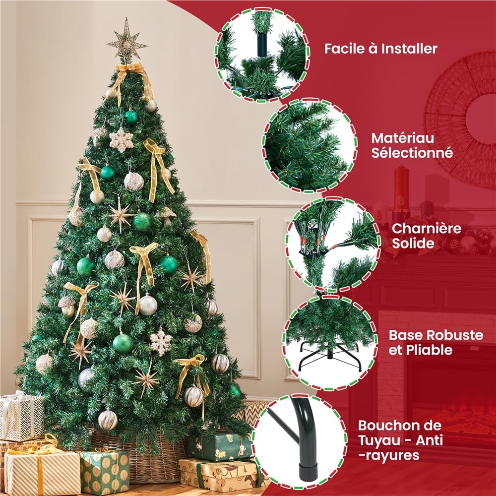 Yaheetech Sapin de Noël Artificiel 183 cm, Montage Rapide à Charnières | Arbre de Noël 1000 Branches en PVC avec Support Pliable en Métal, Pieds en Caoutchouc Antidérapants pour Maison, Bureau