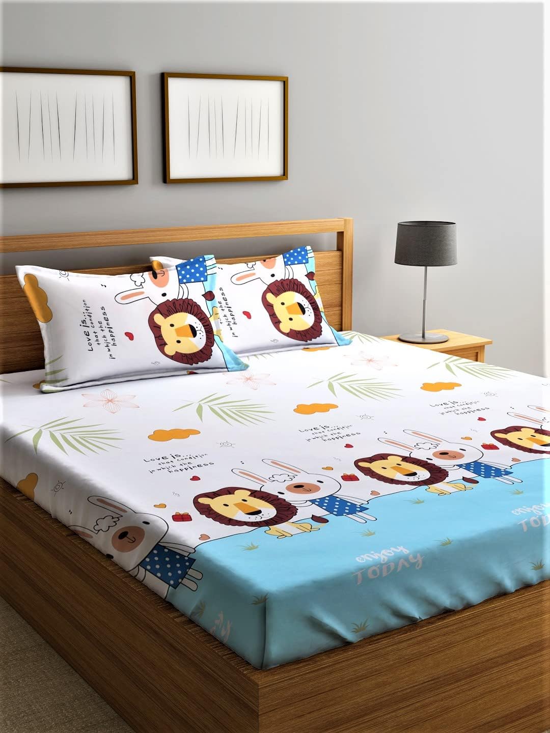 Home Sizzler 144 TC Microfibre Kid's Lion & Cat Double Bedsheet with 2 King Size Pillow Covers, Multi-Coloured…