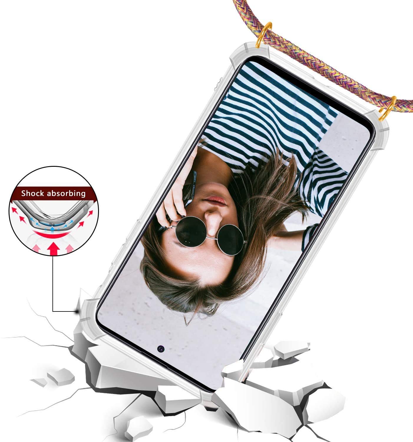 Nupcknn Custodia Per Huawei P30 Lite Con Cordino - TPU + PC Trasparente, Fascia Regolabile Arcobaleno