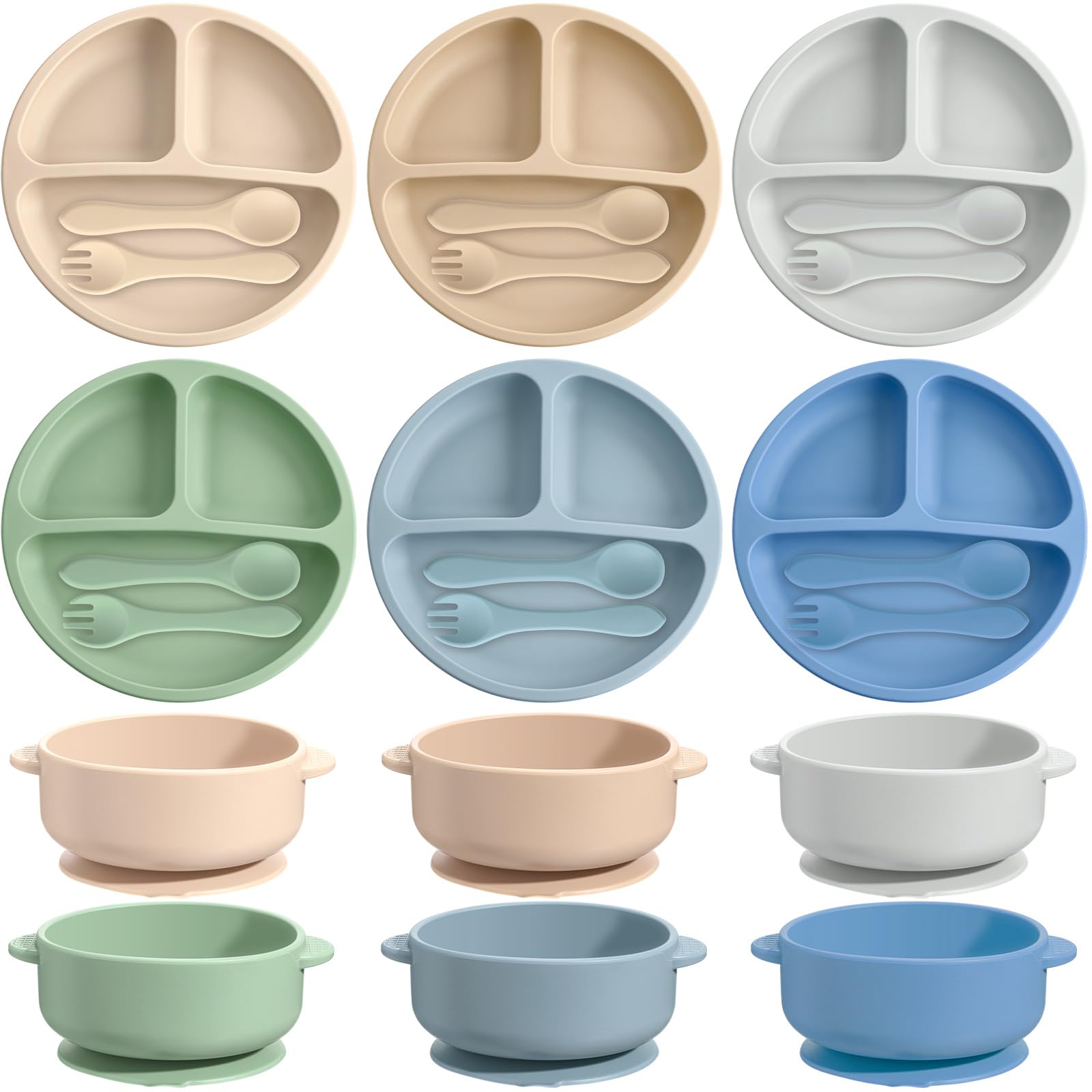 Dandat 24 Pcs Silicone Baby Feeding Set,6 Baby Toddler Suction Bowls 6 Divided Suction Plates with 6 Forks 6 Spoons, Utensils Set for Weaning Infant