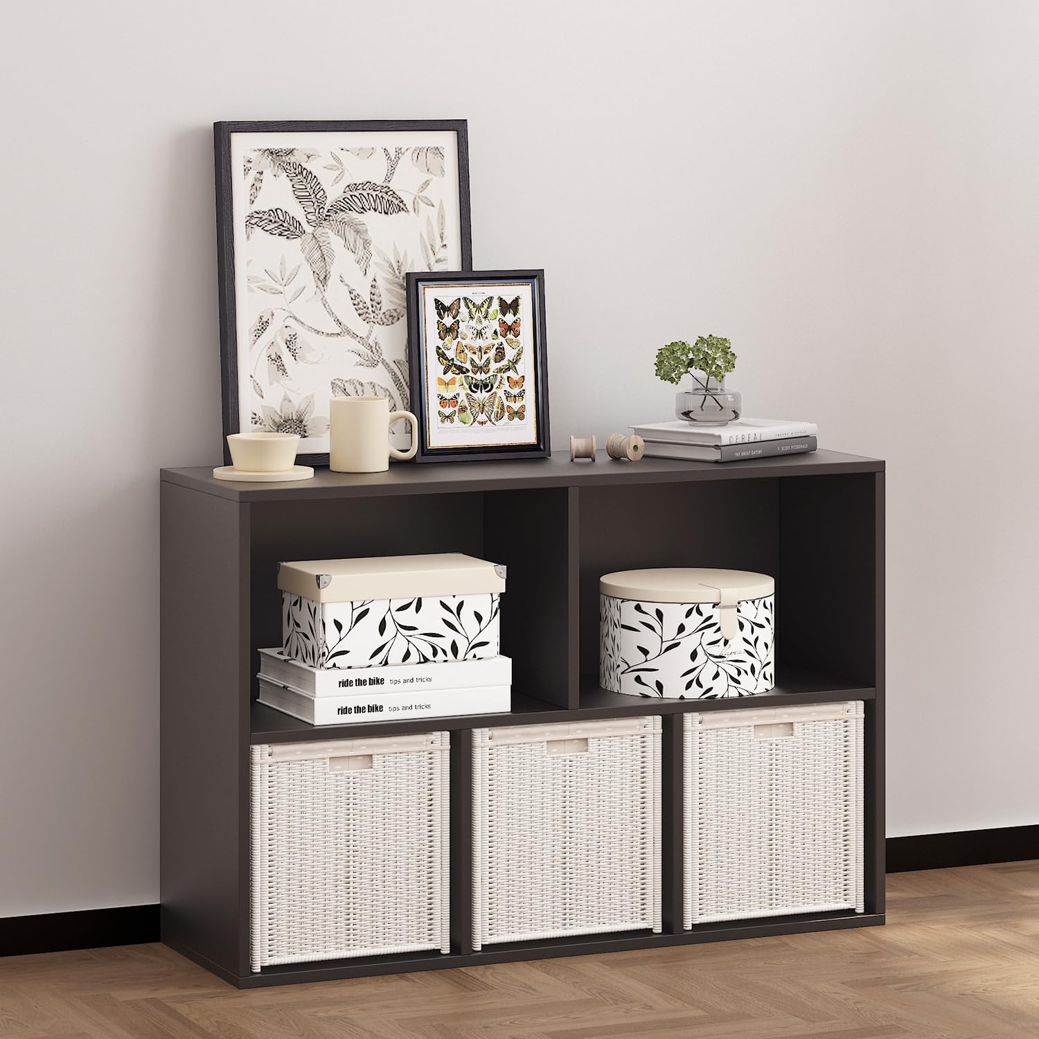 NewBeth Wooden 5 Cube Storage Organizer with Closed Back Panel, Black Cube Shelf Heavy Duty Cubby Storage Organizer with Compartments for Living,