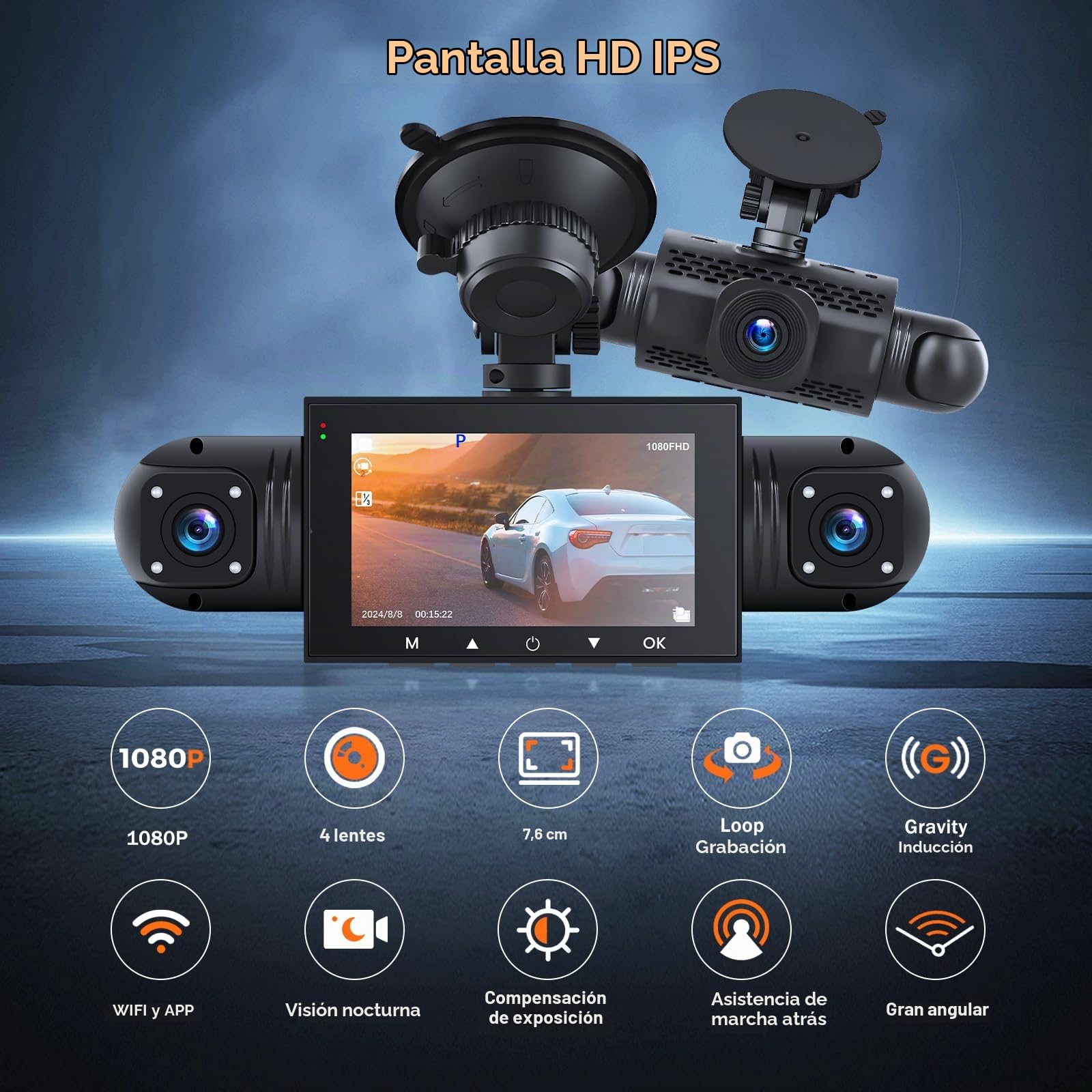 Hikity Cámara de salpicadero para Todos los vehículos 4 cámaras Pantalla IPS de 3" Visión Nocturna 1080P Cámara de grabación Grabación en Bucle con Sensor G Videograbador con Tarjeta TF