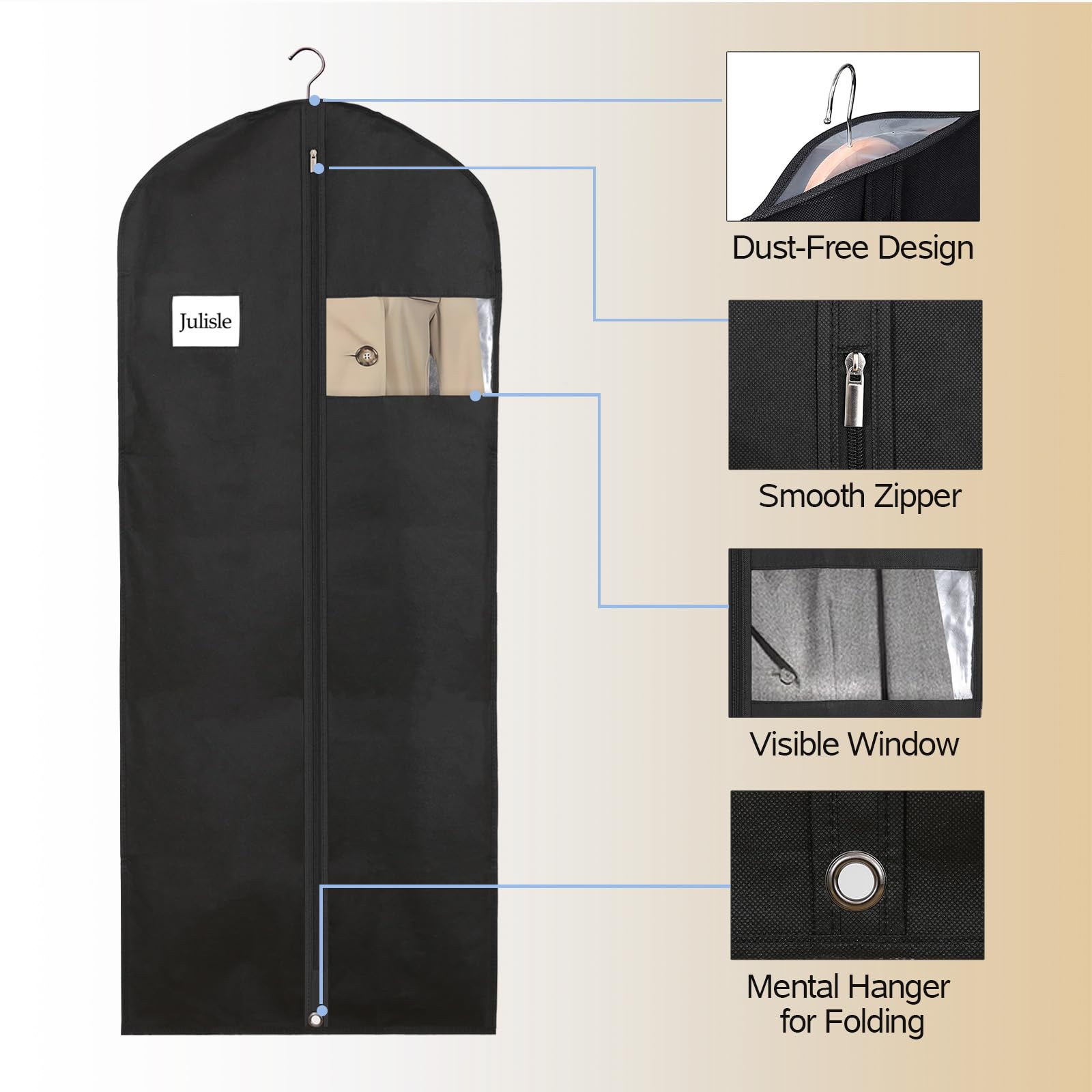 Julisle Long Dress Cover Garment Bag with Zipper & Viewing Window, Black, 24''×60'' - 5pcs - Image 3