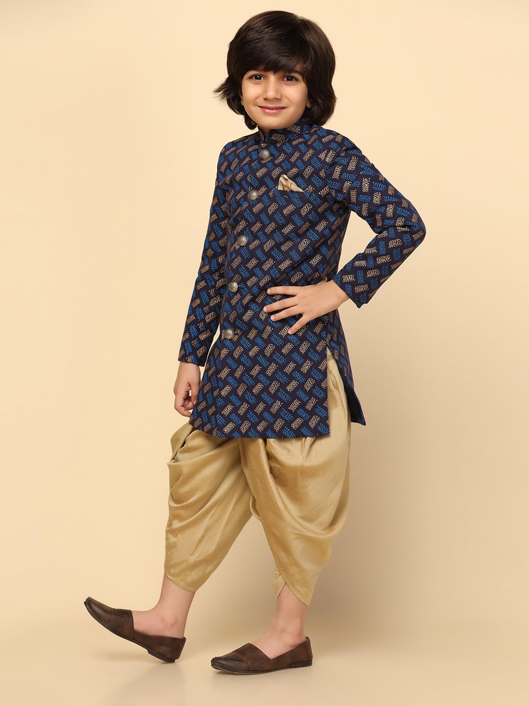 Kisah Boy's Ethnic Wear Cotton Regular Fit Blue Indo-Western Sherwani Dhoti Set (7-8Y)