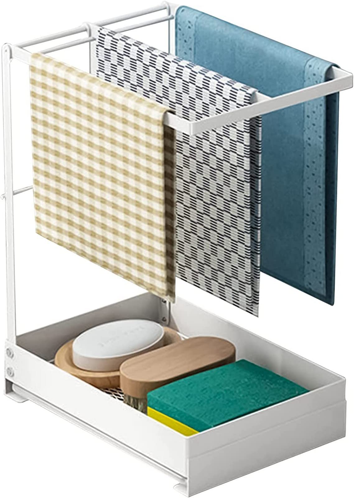 Organizador para fregadero de cocina, soporte para esponja para fregadero, soporte para paños de cocina, organizador para fregadero con bandeja de drenaje para almacenamiento de cocina, baño, fregad