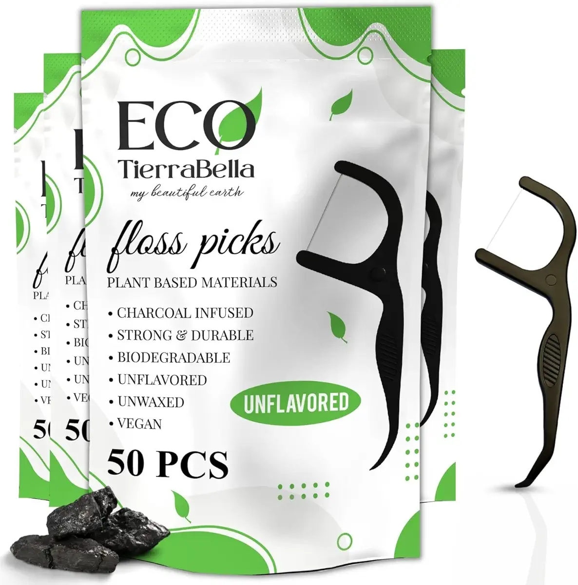 ECO TierraBella Biodegradable Dental Floss Picks (200 ct, Unflavored) - Natural Dental Floss Picks - Vegan, Eco-Friendly, Sustainable Floss Sticks for Adults and Kids - Tooth Pick Flossers - Oral Care