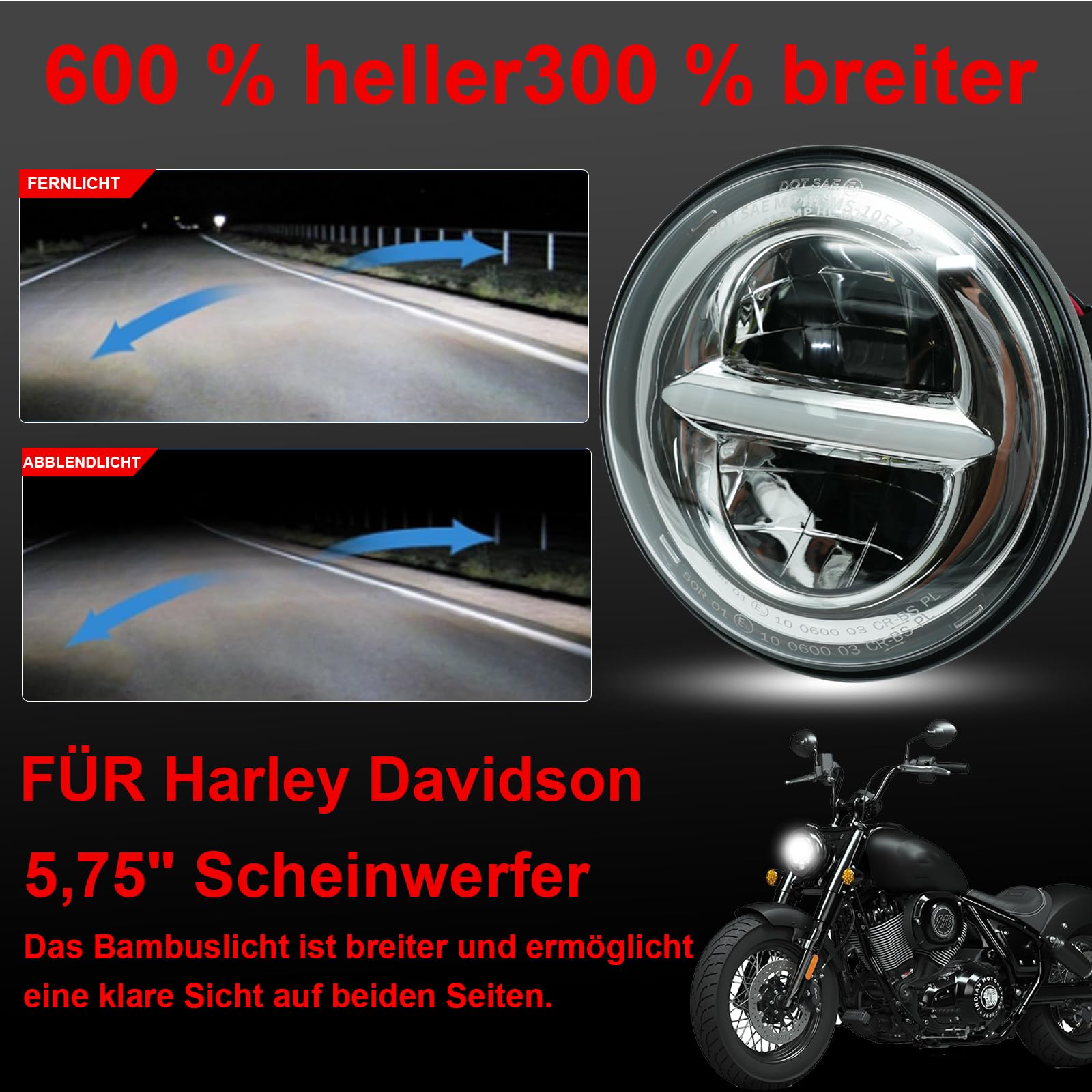 5,75 '' LED moto faro rotondo omologato per Harley Davidson Dyna Street Bob Super Wide Glide Low Rider Night Rod Train Sportster Iron 883 Indian Scout Triumph (argento)