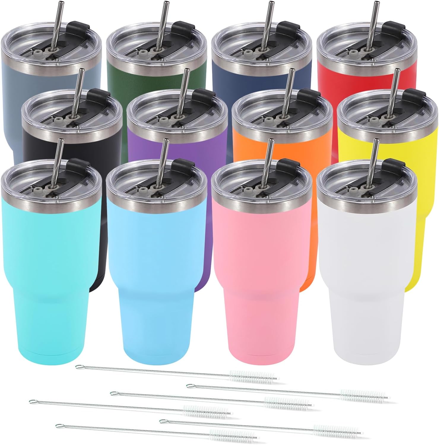 Dongni 30 oz Tumbler with Lid and Straw, Stainless Steel Tumblers Bulk, Insulated Vacuum Double Wall Travel Coffee Mug, Durable Powder Coated Tumbler Cups（Mix 12 pack）