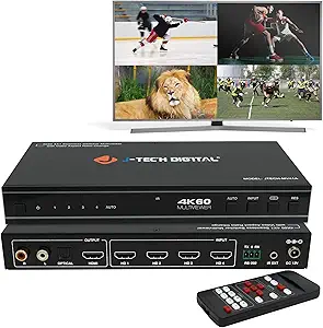 J-Tech Digital 4x1 HDMI Multi-viewer & Seamless Switcher 4K 60Hz | 4 in 1 Out w/ 8 Display Modes, Audio Extract, Aspect Ratio Change, OSD, PiP, PBP, Quad Viewing [JTECH-MV41A]