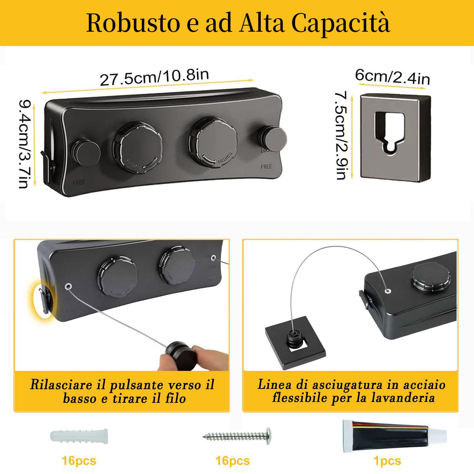 Domigard Corda per Biancheria Retrattile, Stendibiancheria Interna a Parete Doppia Linea Invisibile Filo di Lino Estensibile in Acciaio Inossidabile, Corda da Biancheria Regolabile 2 * 5,1m (Nero)