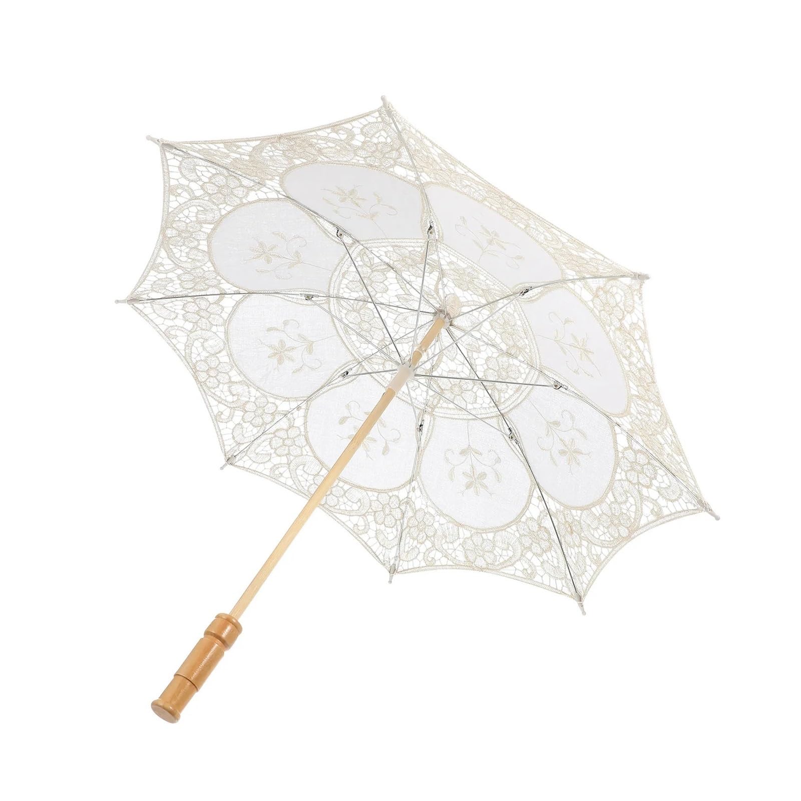 Wedding Lace Parasol Lace Cotton Umbrella Beige Wooden H Foldable made Photography Prop Wedding Bride Parasol Embroidery Decorative Item for Bride, Party Decor, Dance Props