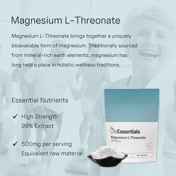 Life Essentials Magnesium L-Threonate 500mg Capsules - Brain Support Supplement for Memory & Cognitive Function - Superior Absorption - 60 Vegetarian Capsules