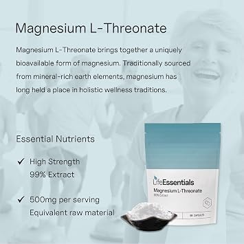 Life Essentials Magnesium L-Threonate 500mg Capsules - Brain Support Supplement for Memory & Cognitive Function - Superior Absorption - 60 Vegetarian Capsules