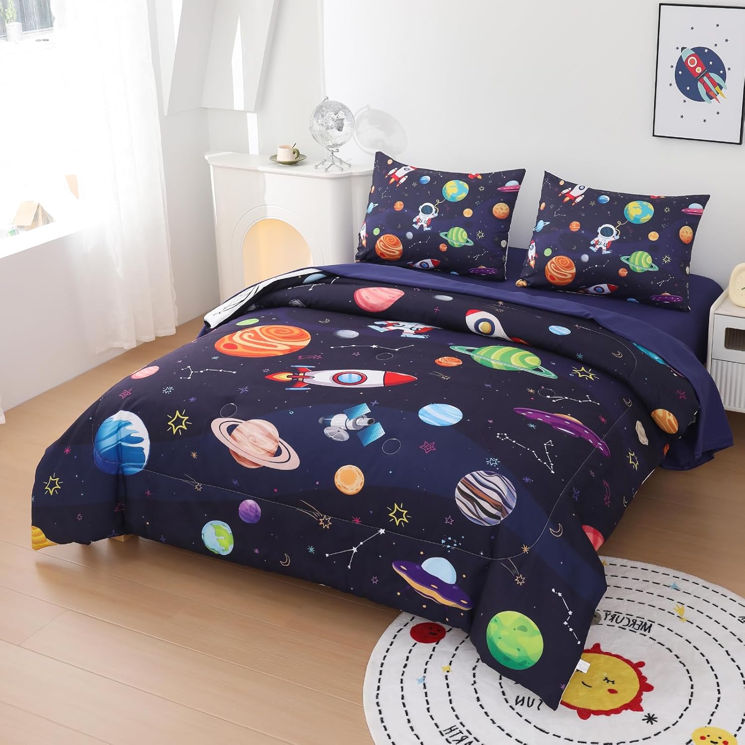 Boys Twin Size Space Bedding Set - 5 Piece Rocket & Galaxy Comforter with Deep-Pocket Sheet, Whole-Piece Filling, Machine Washable Bed-in-a-Bag for Kids' Room Makeover & Gifts