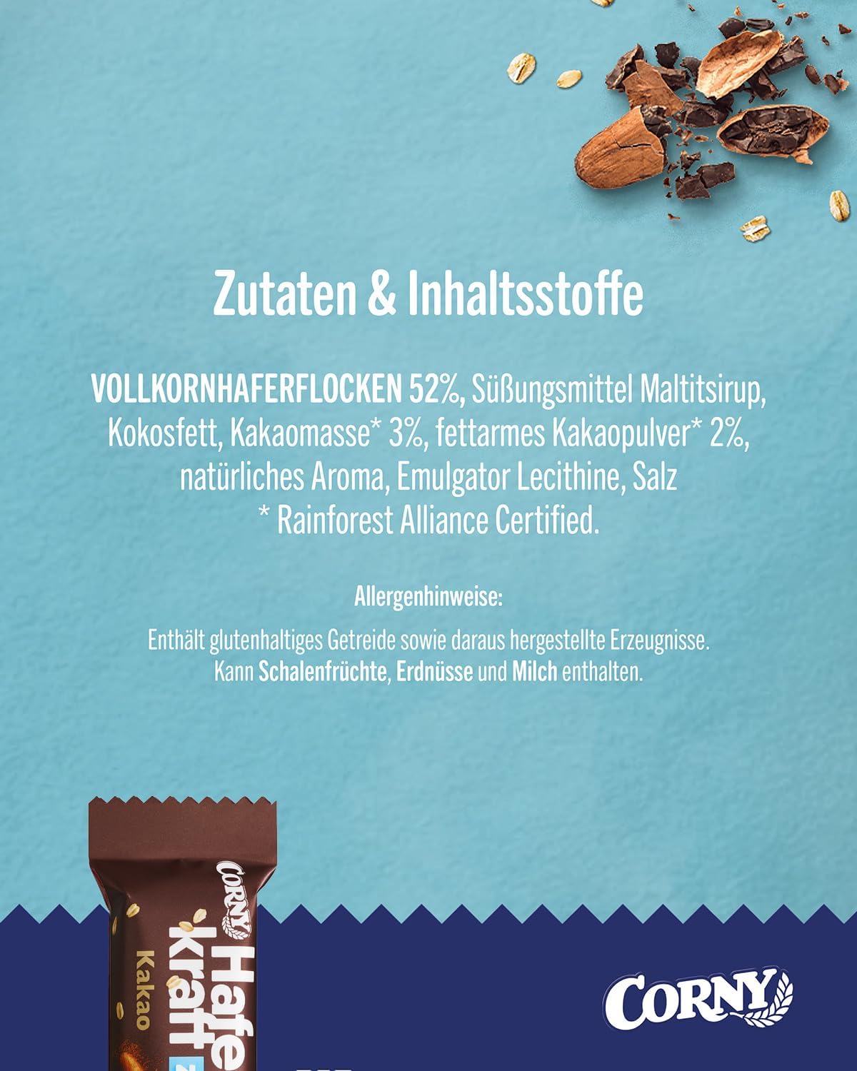 Haferriegel | Corny Haferkraft Zero Kakao | Veganer Müsliriegel ohne Zuckerzusatz | Mit Haselnüssen | Energiereicher Snack für unterwegs | 48x35g