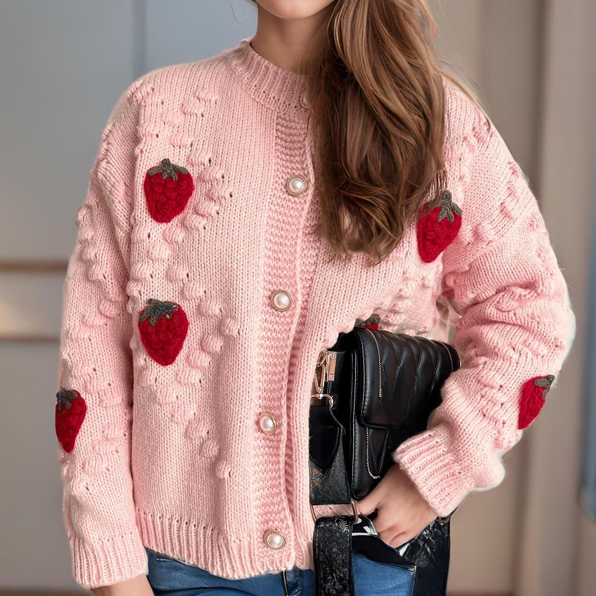 Erdbeer Strickjacke für Damen Gemütlicher Kurzer Grobstrickpullover Süßer Langarm Strickpullover Bequeme Strickmode Leichte Oberbekleidung für Mädchen