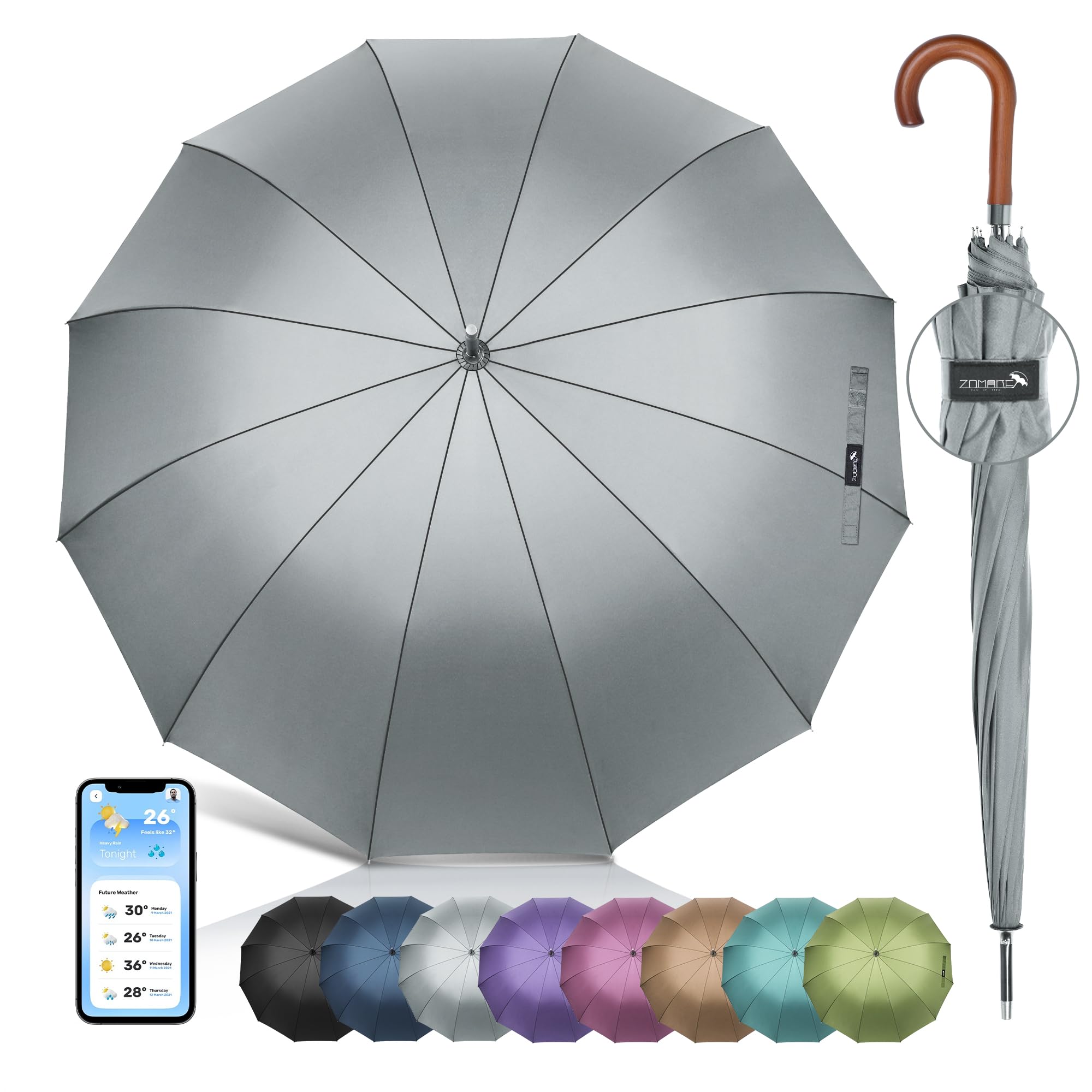 ZOMAKE54 Inch Large Golf Umbrella With Wood Hook Handle 12/16 Ribs, Automatic Open Stick Umbrellas Windproof Wooden Handle, Curved Cane With J Hook for Gentlemen