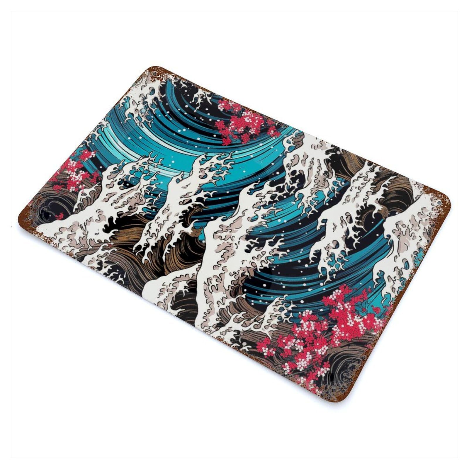 Garage Style Iconic Tsunami Swirls Vintage Rust Metal Sign 11.8"x7.9", Rustic Home Decor for Bar And Workshop