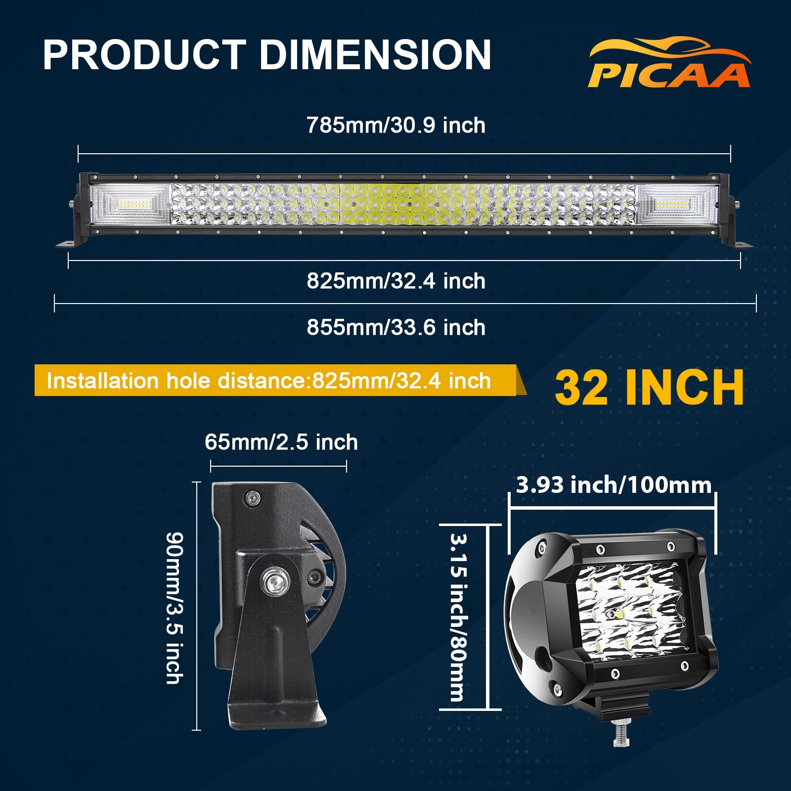 PICAA 32 Pollici 405W Barra Led Fuoristrada+2x 4 36W Faro da Lavoro Led+Cablaggio Kit, Tripla Fila Barra Luminosa a Led per Auto Camion 4X4 SUV ATV UTV 12V 24V Fari Led