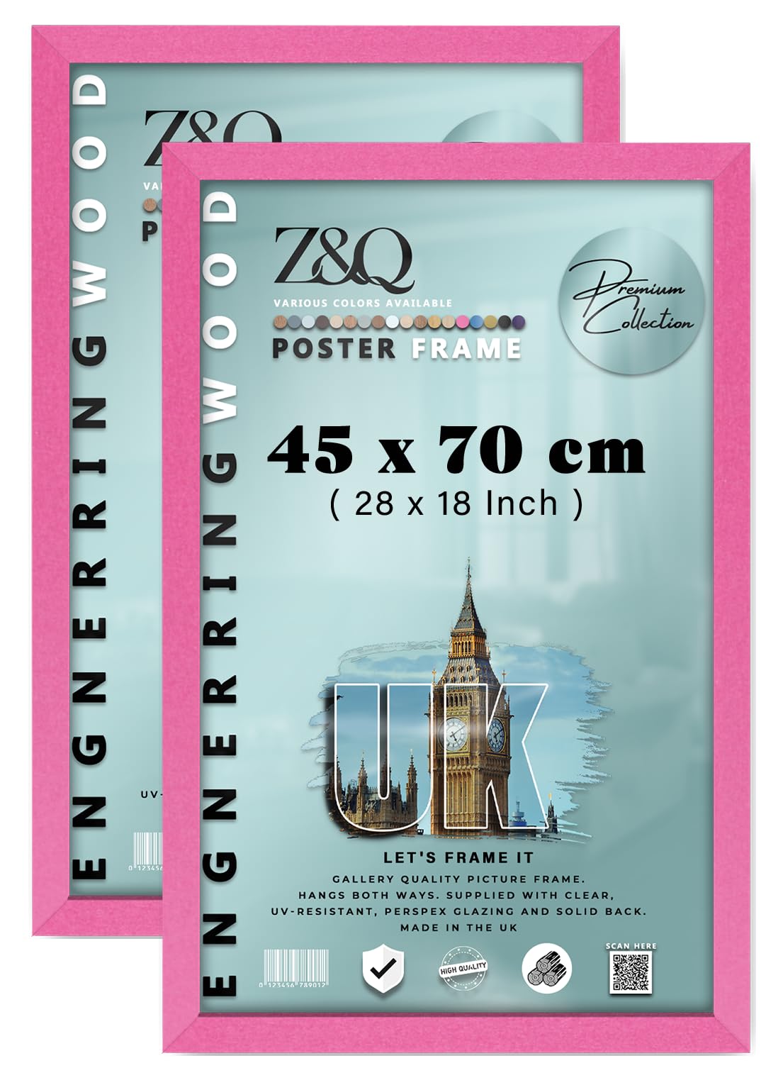 Z&Q Pack of 2 Flat Durable MDF Wood (45 x 70 CM) Poster Frame | Stylish Wall Décor 28 x 18 Inch for Home Décor, Art, and Wall Gallery [ Pink ]
