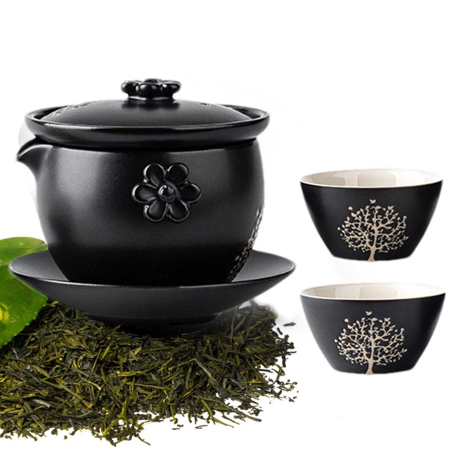 Juego de té japonés, tazas de té de cerámica, juego de té portátil apilable, juego de té de cerámica, antideslizante, para preparar té negro, té verde Pu-erh Oolong