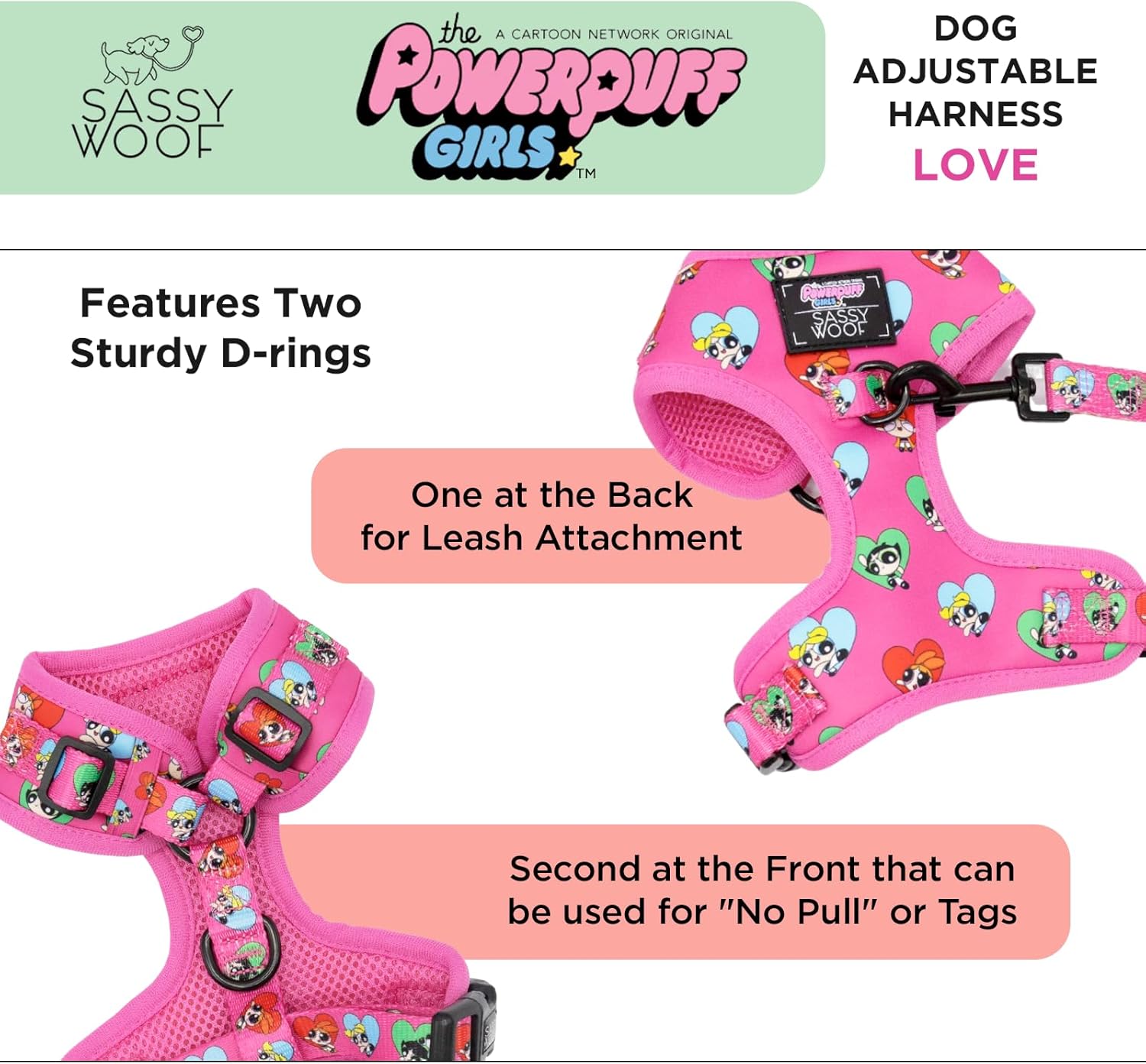 Sassy Woof Dog 調節可能ハーネス - パワーパフガールズ (愛) - L、通気性メッシュ、2つのDリング付き引っ張りな