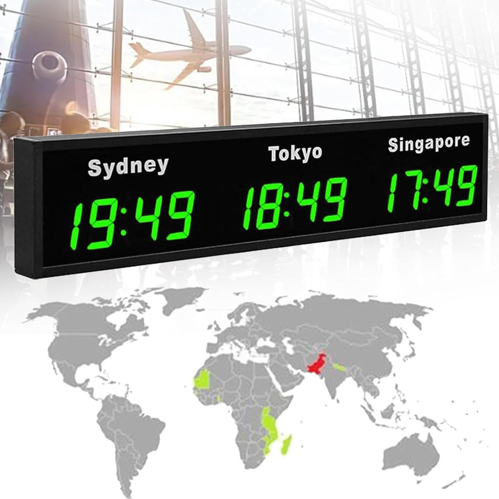 Wall Mounted World Clock, 3/4/5 City Time Zone LED Digital World Time Wall Clock Indoor Multi Time Zone World Wall Clock for Multinational Enterprises/Office/Home/Living Room/School,Green-3City