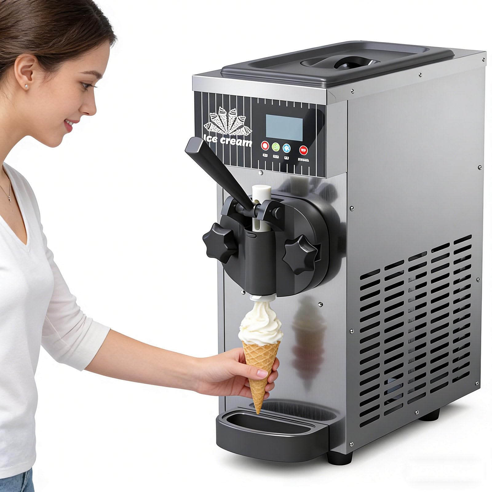 Machine à Glace Professionnelle, 4-5 kg/h, Machine à Glace à l'italienne avec trémie de 2 L et cylindres de 1 L, autonettoyage, écran Tactile LCD pour Snacks, Restaurants et Bars.