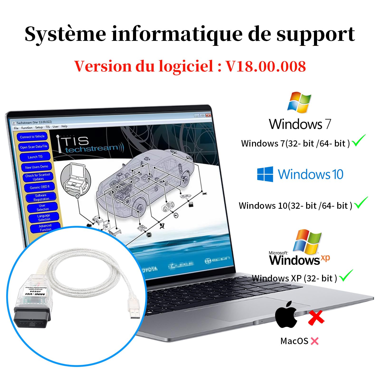 Câble Mini VCI J2534 pour Toyota Techstream-Dernière Version V18.00.008