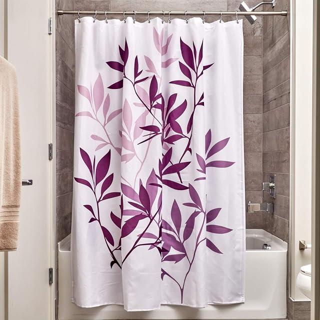 iDesign Leaves Shower Curtain, Polyester Bathroom Curtain With Leaf Motif, Violet, 180-cm by 180-cm