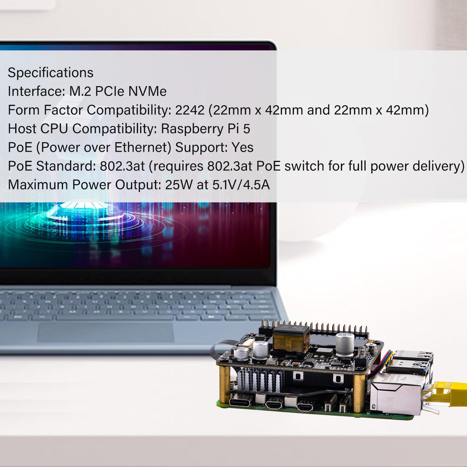 GeeekPi M.2 NVME M-KEY PoE+ Hat z oficjalnym Raspberry Pi Active Cooler dla Raspberry Pi 5, obsługuje dyski SSD M.2 NVMe 2230 2242