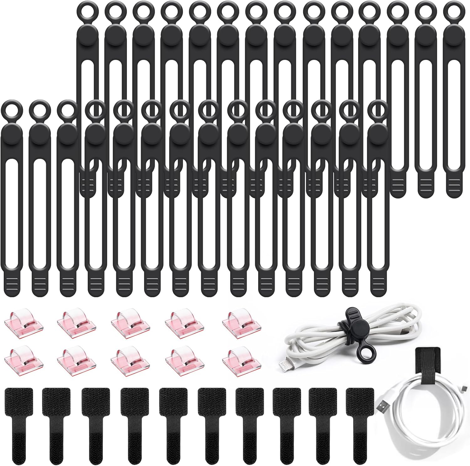 48Pcs Cord Organizer Kit, Reusable Elastic Silicone Cable Ties, Strong Adhesive Cable Clips for Cable Management, Multipurpose Wire Management for Bundling and Fastening Various Wires (Black）