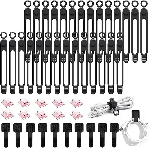 Miniatura 11 de OneLeaf 48 piezas de bridas de cable de silicona, bridas elásticas para organizador de cables, gestión de alambre reutilizable, elementos esenciales