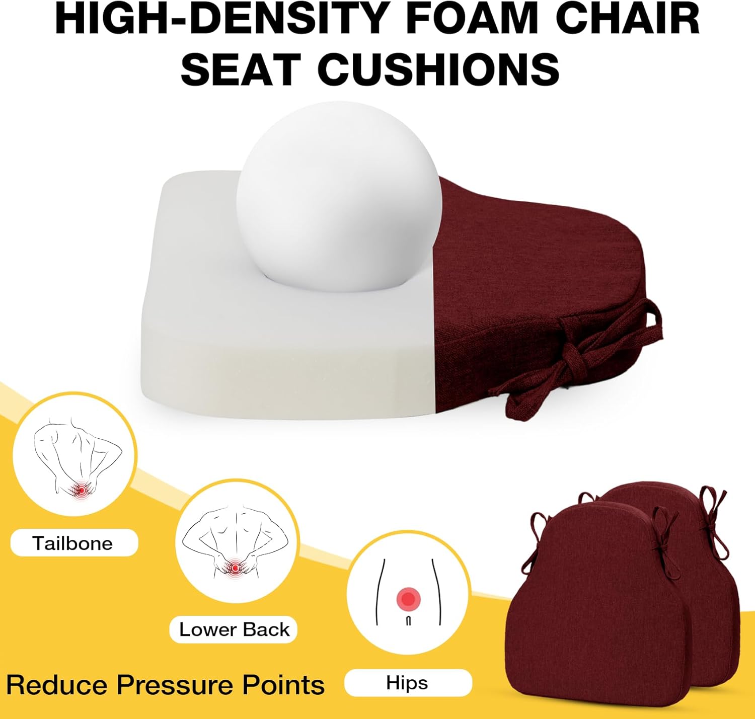 Chair Cushions for Dining Chairs High-Resilience Seat Cushion for kitchen Chairs Non Slip Chair Pads with Washable Cover, Ties, Suitable for Indoor Outdoor Chairs,Set of 2, 17"x16"x2", Burgundy