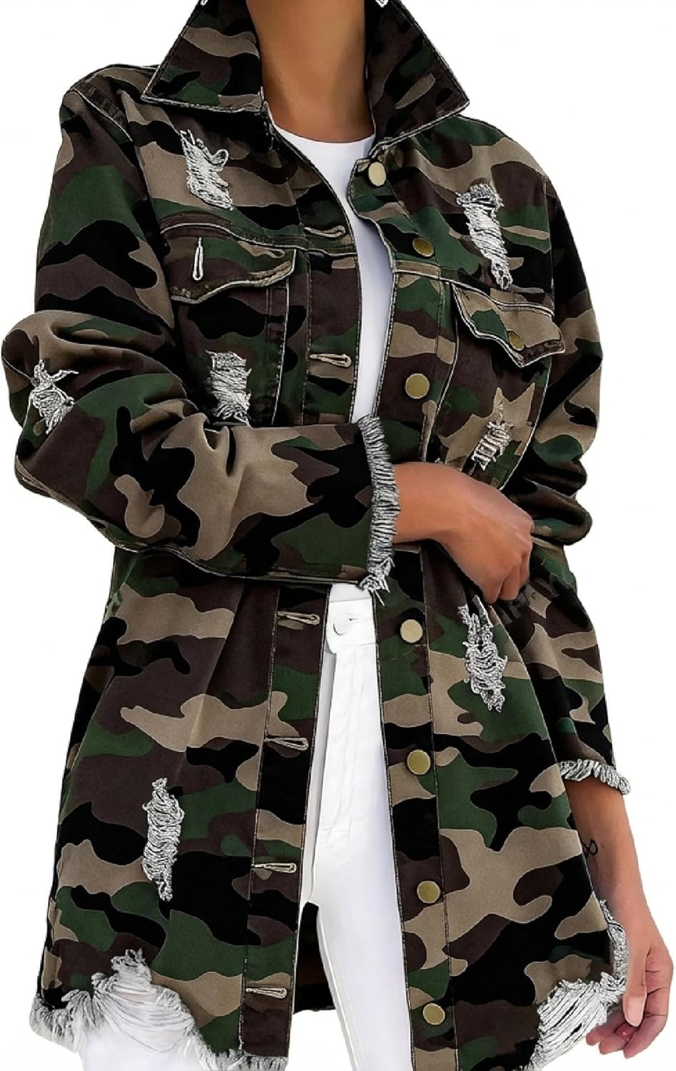 Seltaon Camo Jacket for Women Casual Camouflage Army Fatigue Green Distressed Jackets Plus Size