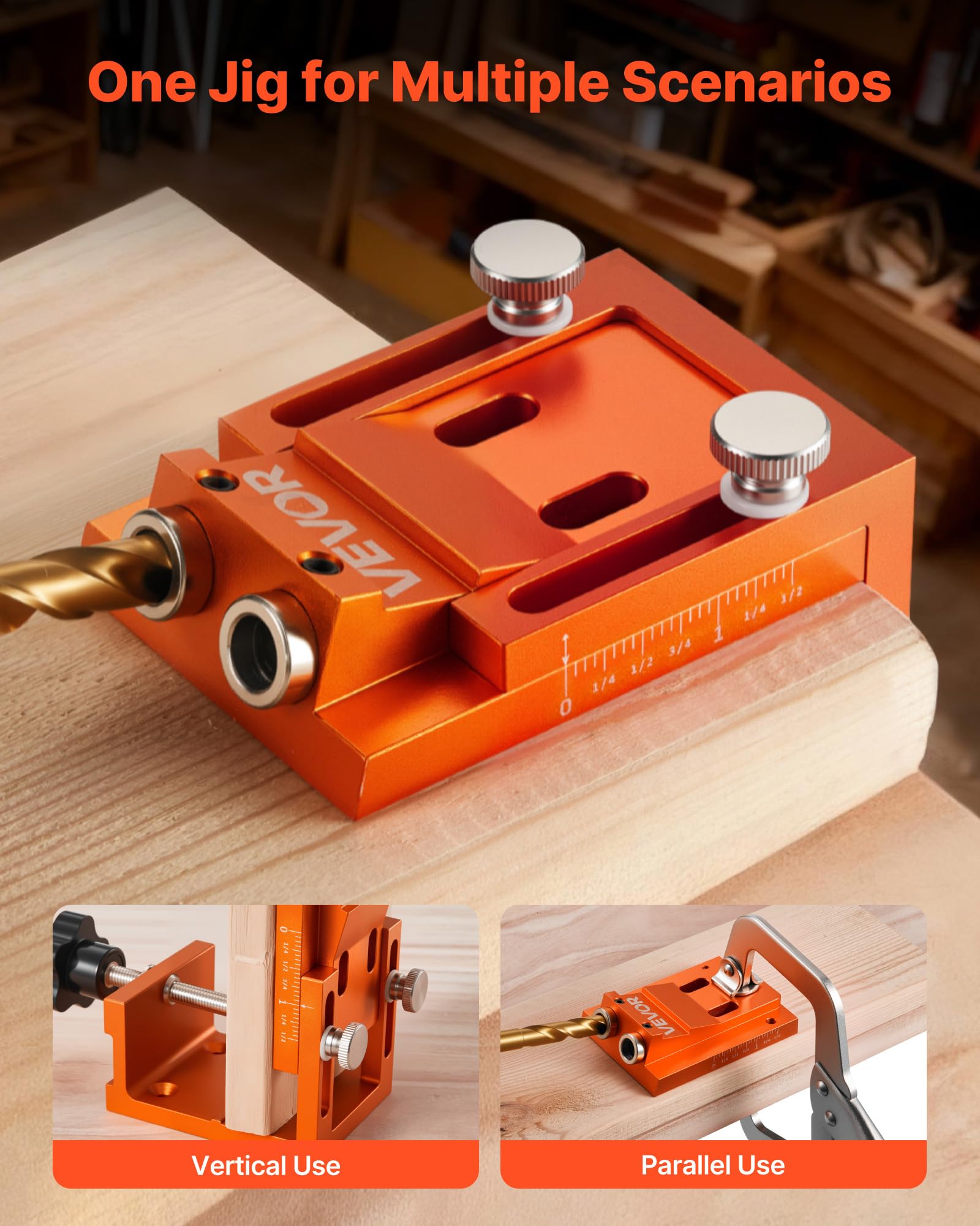 VEVOR Kit Maschera per Fori Ciechi Regolabile da 12 mm a 48 mm, Sistema di Fori Tascabili con Trapano a Gradini, Chiave Esagonale, Anello di Arresto del Trapano, per la Lavorazione del Legno