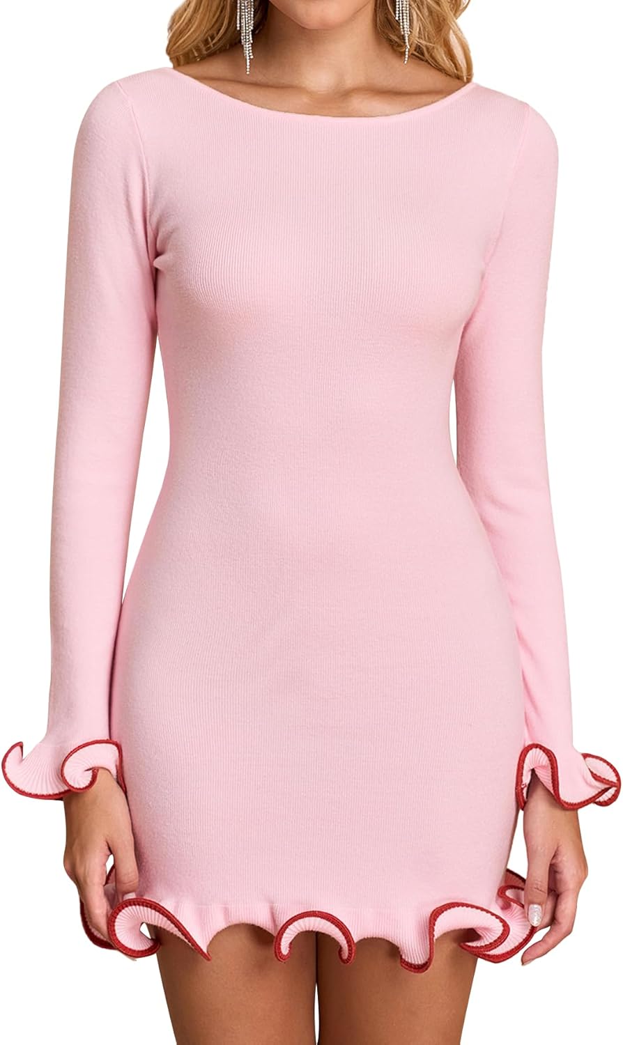 Women's Long Sleeve Ruffle Knit Mini Dress Boat Neck Bodycon Short Going Out Party Sweater Dresses Fall