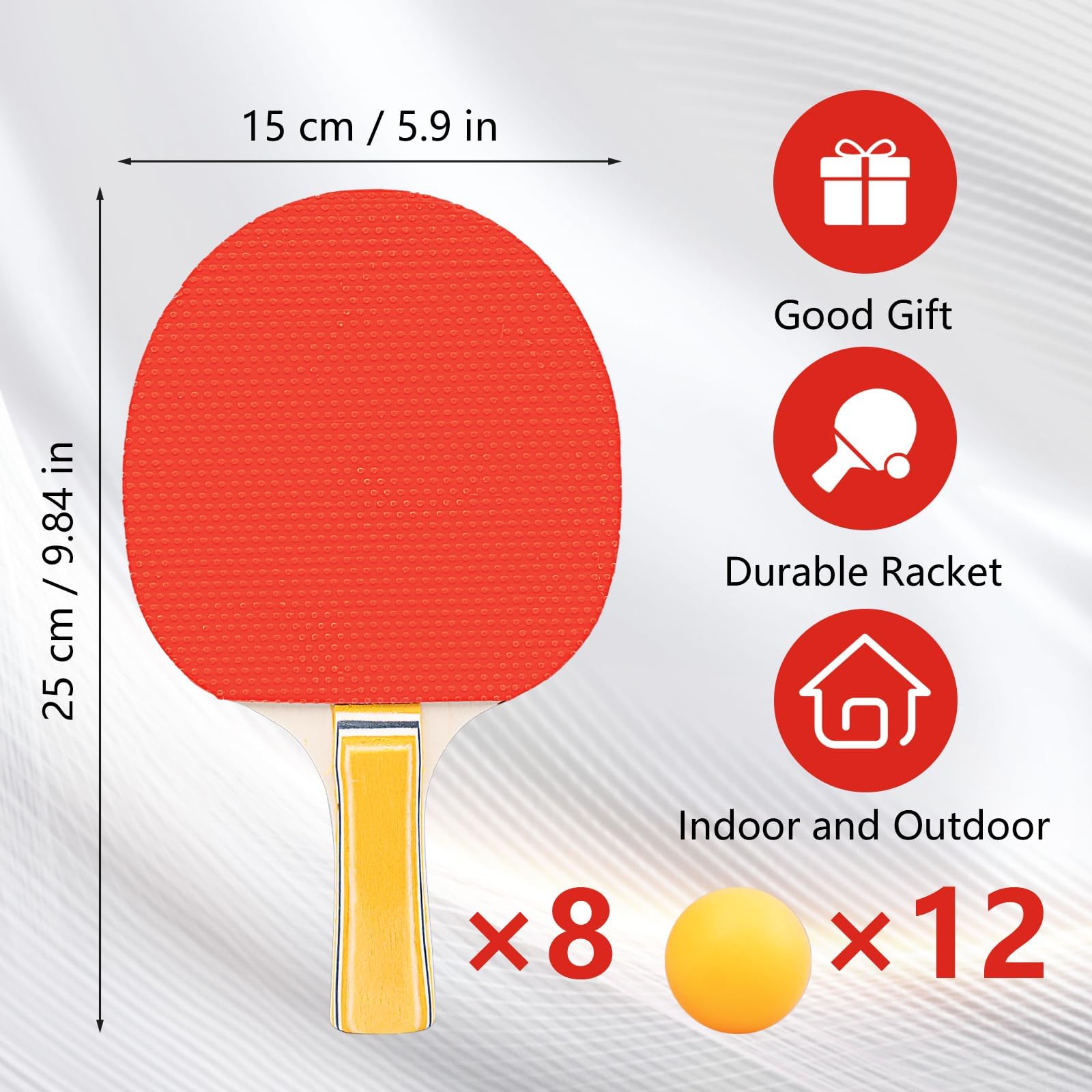 Lot de 8 Raquettes de Ping-Pong + 12 Balles, Kit Tennis de Table pour Famille, École & Club, Intérieur/Extérieur, Rouge & Noir