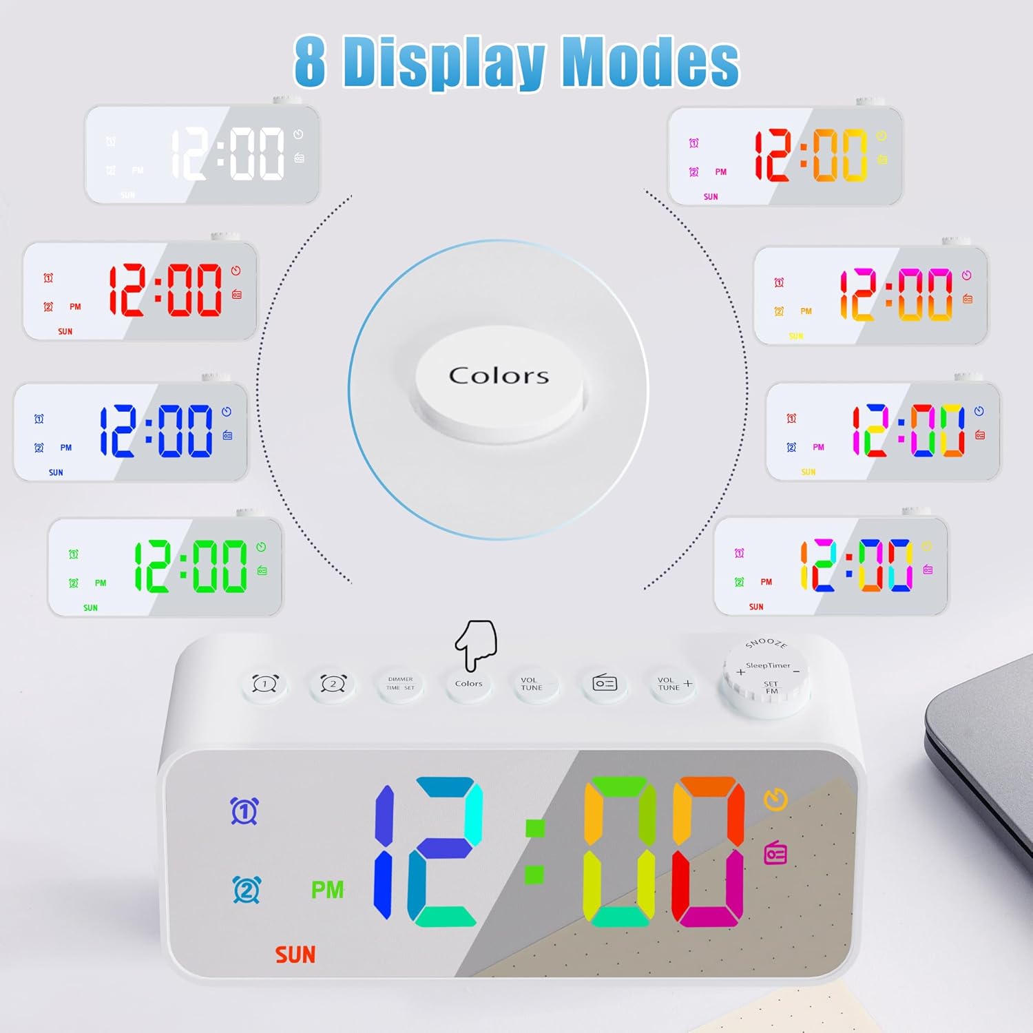 Image showing 8 different display color modes for the JALL alarm clock, including white, red, green, blue, gradient, magic color, left-right gradient, and up-down gradient.