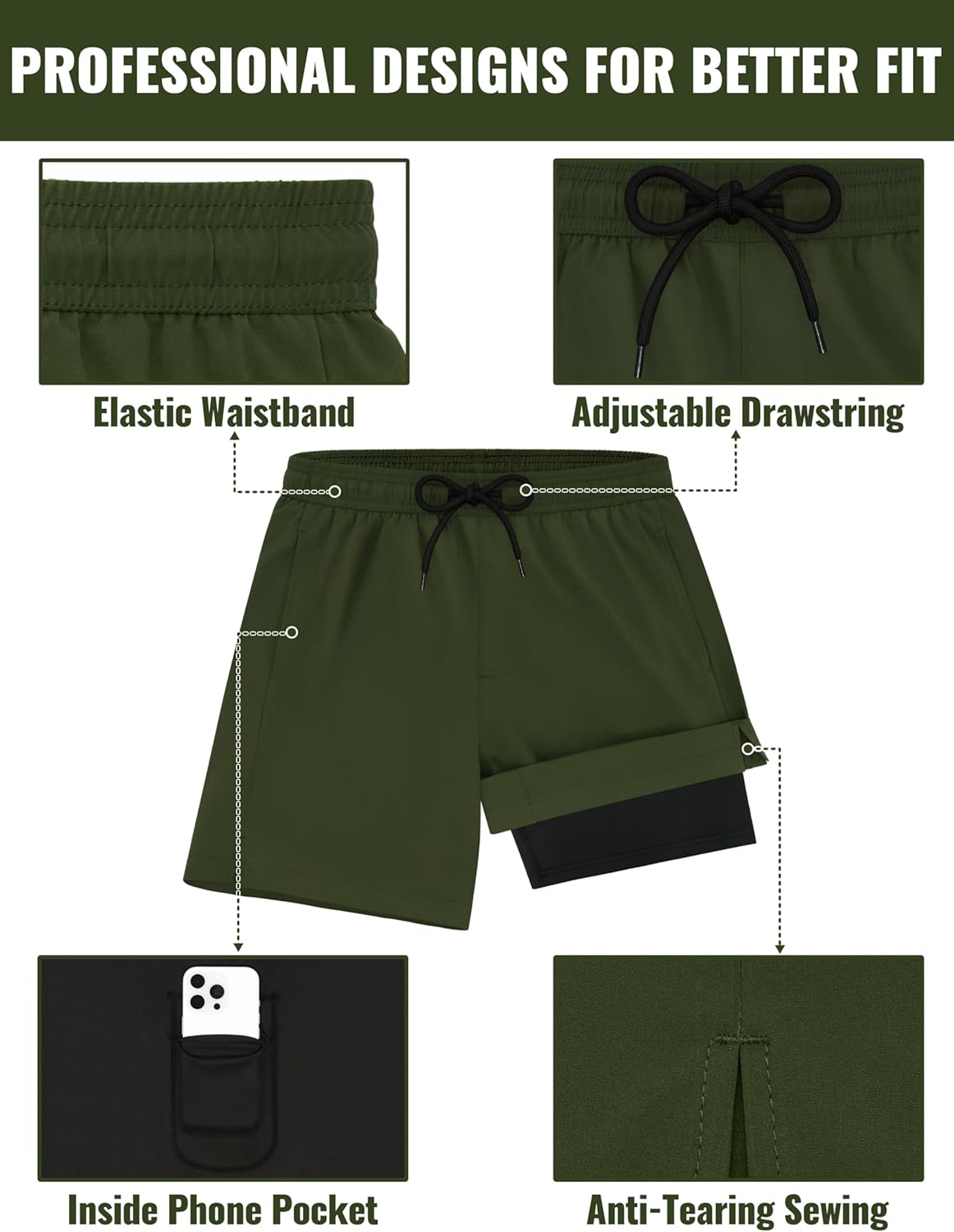 Sarfel Mens Swim Trunks with Compression Liner Mens Bathing Suit 7 Inch Inseam Quick Drying Men's Board Shorts Men's Swimwear - Image 4