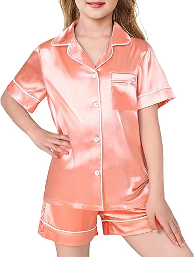 Arshiner Girls Pajamas Silk Satin Pajama Sleepwear Button Down Pj Set Loungewear Orange Pink 7-8 Years